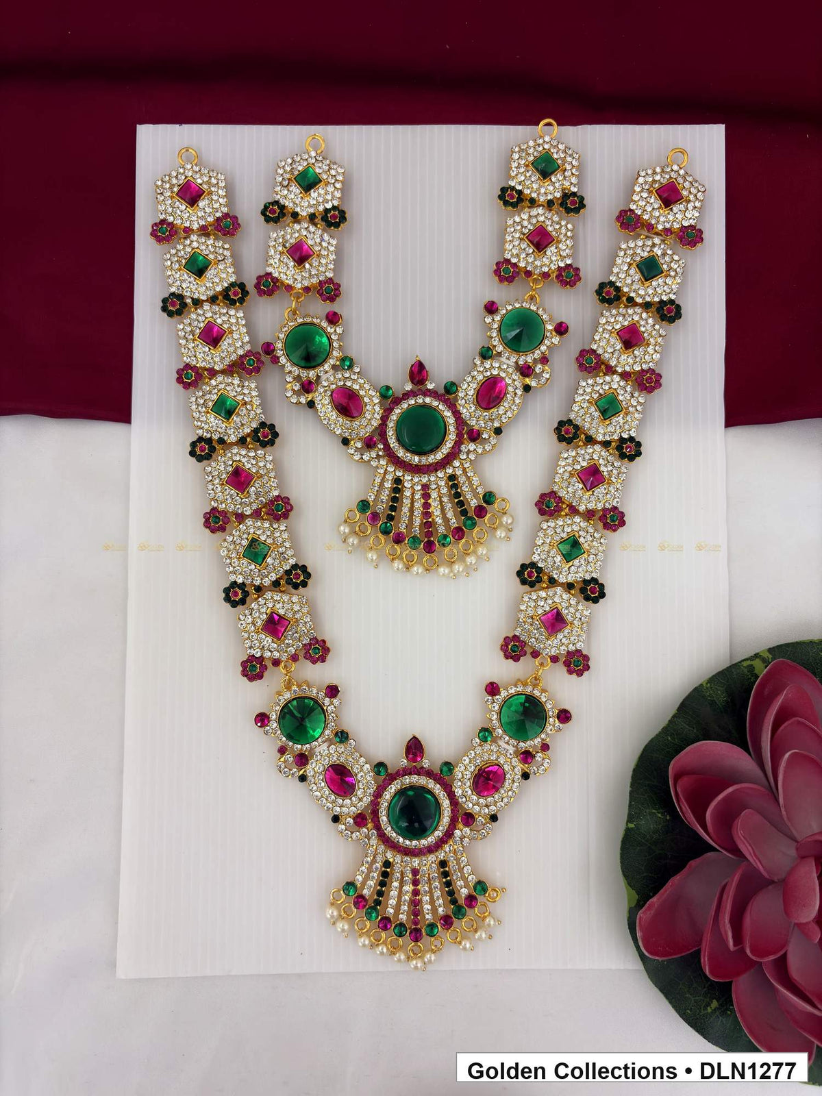 Pink Green Layered Floral Medallion Deity Long Necklace for Idol Alankaram full product view for deity idol alankaram