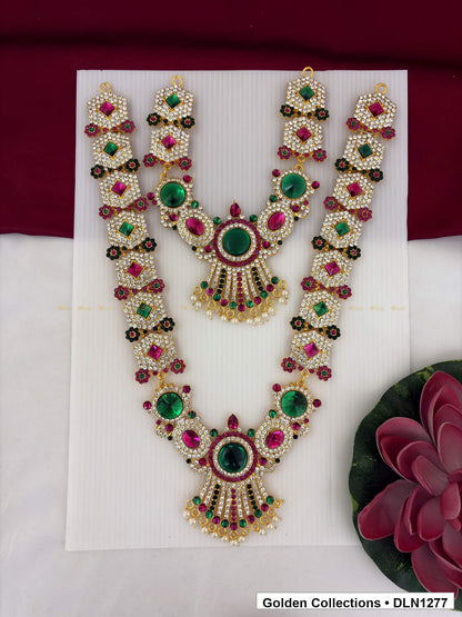 Pink Green Layered Floral Medallion Deity Long Necklace for Idol Alankaram full product view for deity idol alankaram
