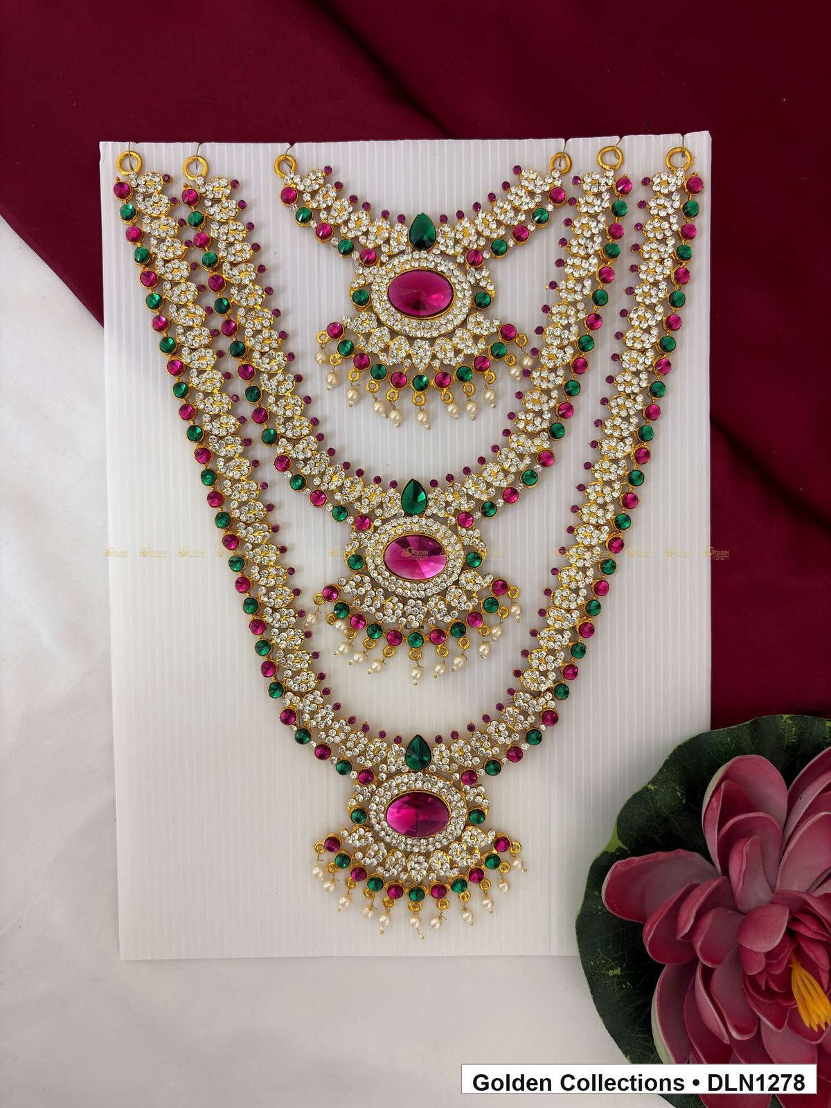 Pink Green Three-Tier Oval Medallion Deity Long Necklace for Idol Alankaram full product view for deity idol alankaram