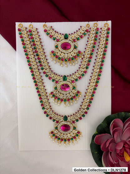 Pink Green Three-Tier Oval Medallion Deity Long Necklace for Idol Alankaram full product view for deity idol alankaram