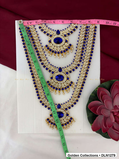 Alternate product view of Blue White Three-Tier Oval Medallion Deity Long Necklace for Idol Alankaram for deity idol alankaram