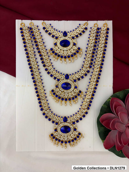 Blue White Three-Tier Oval Medallion Deity Long Necklace for Idol Alankaram full product view for deity idol alankaram
