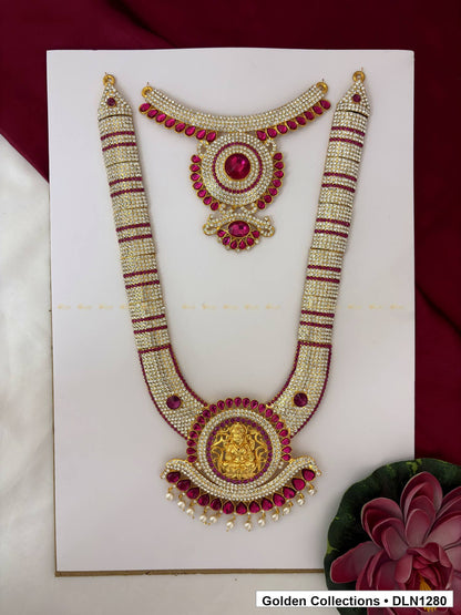 Red Banded Round Fringe Medallion Deity Long Necklace for Idol Alankaram full product view for deity idol alankaram