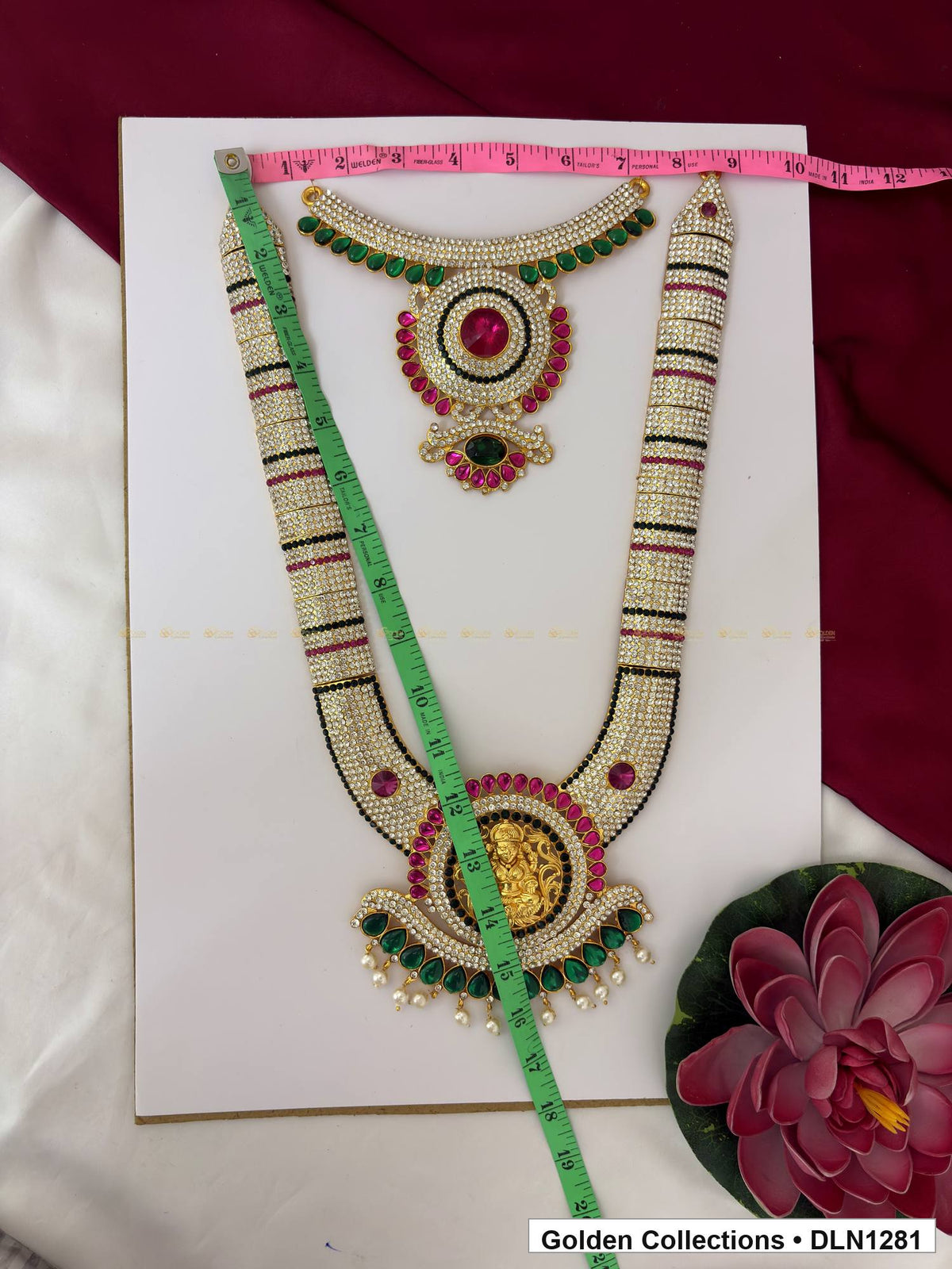 Alternate product view of Green Banded Round Fringe Medallion Deity Long Necklace for Idol Alankaram for deity idol alankaram