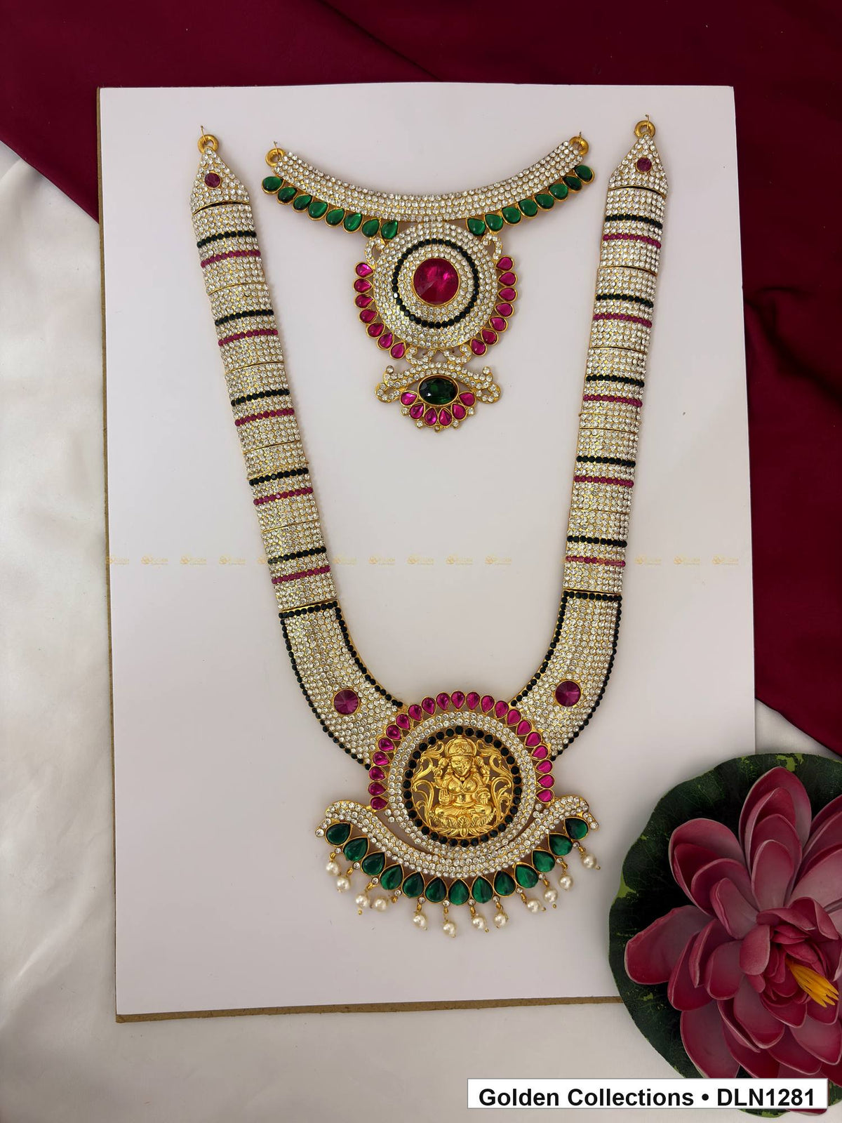 Green Banded Round Fringe Medallion Deity Long Necklace for Idol Alankaram full product view for deity idol alankaram