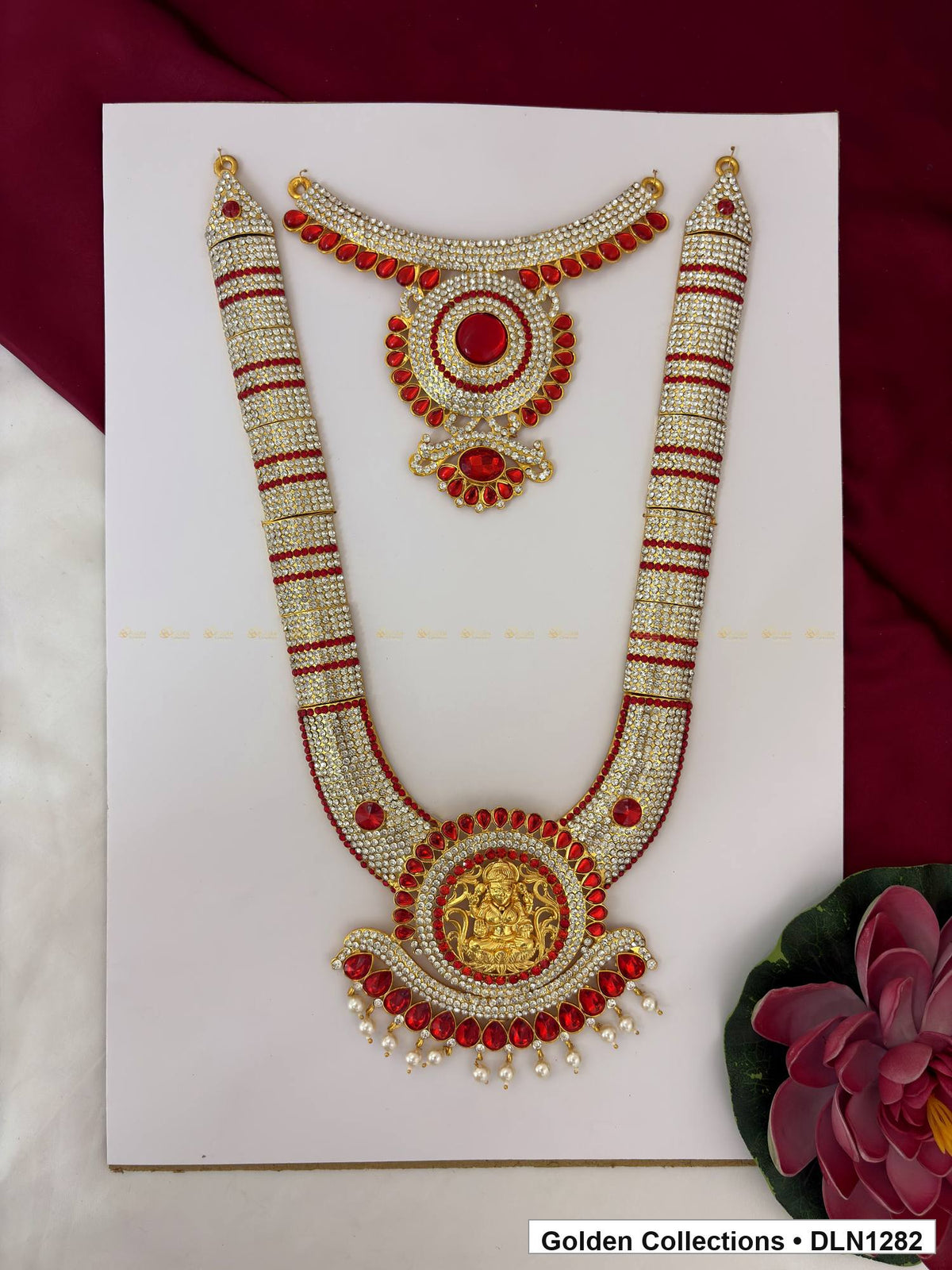 Orange Banded Round Fringe Medallion Deity Long Necklace for Idol Alankaram full product view for deity idol alankaram