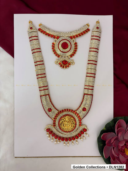 Orange Banded Round Fringe Medallion Deity Long Necklace for Idol Alankaram full product view for deity idol alankaram