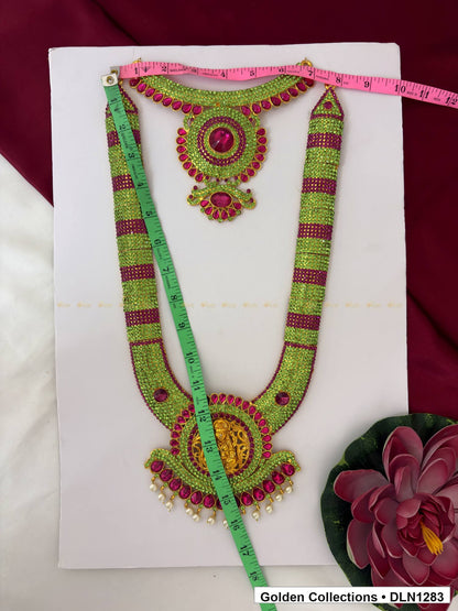 Alternate product view of Green Red Banded Fan Medallion Deity Long Necklace for Idol Alankaram for deity idol alankaram