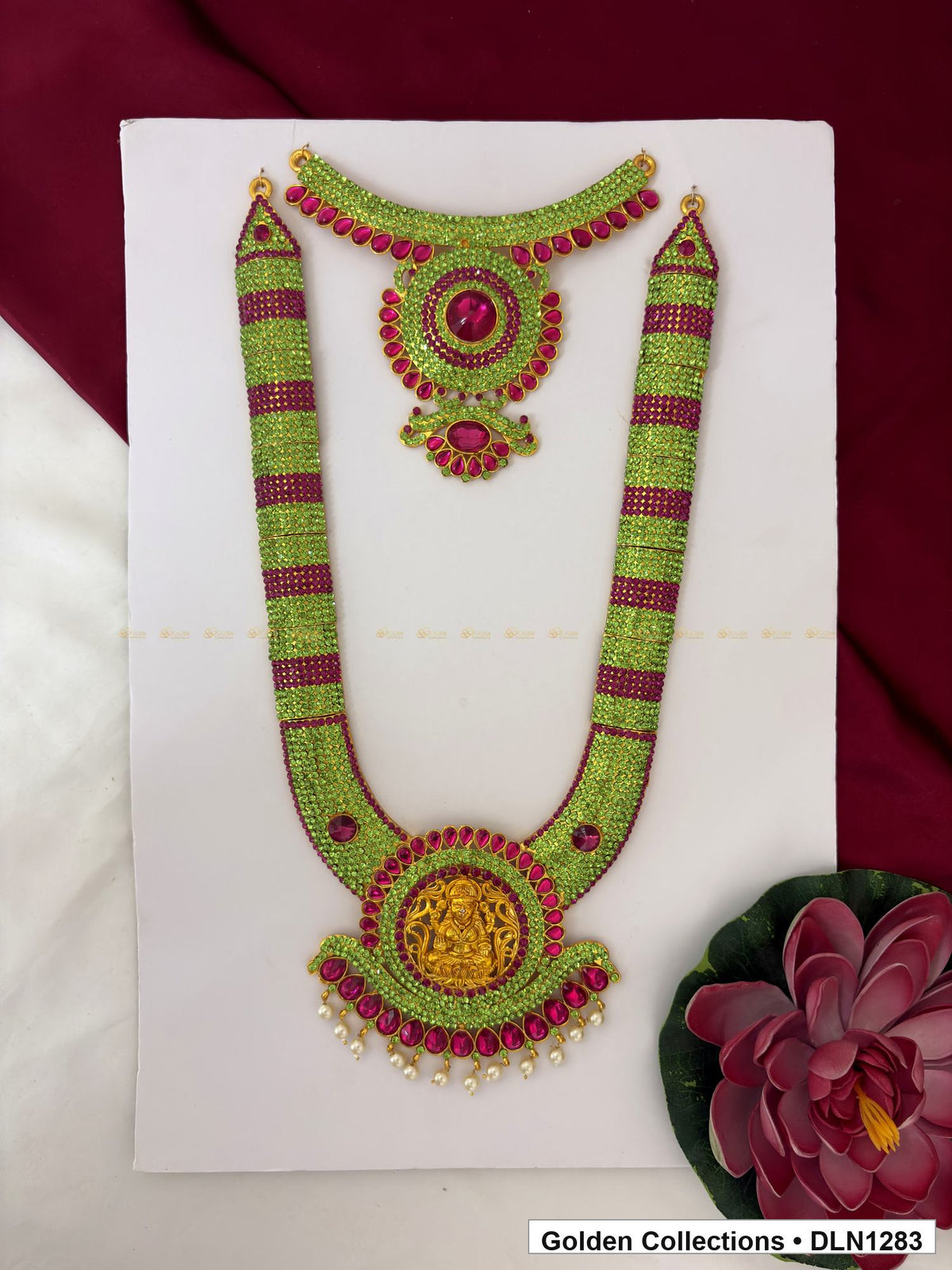 Green Red Banded Fan Medallion Deity Long Necklace for Idol Alankaram full product view for deity idol alankaram