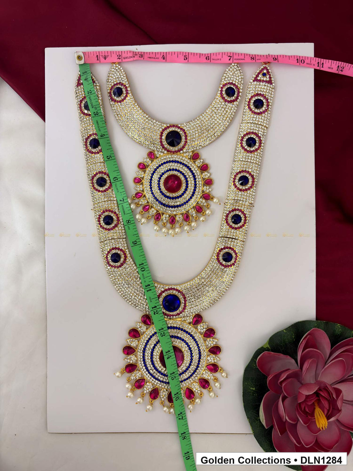 Alternate product view of Navy Oval-Link Floral Medallion Deity Long Necklace for Idol Alankaram for deity idol alankaram