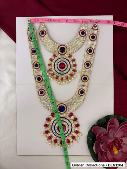 Alternate product view of Navy Oval-Link Floral Medallion Deity Long Necklace for Idol Alankaram for deity idol alankaram
