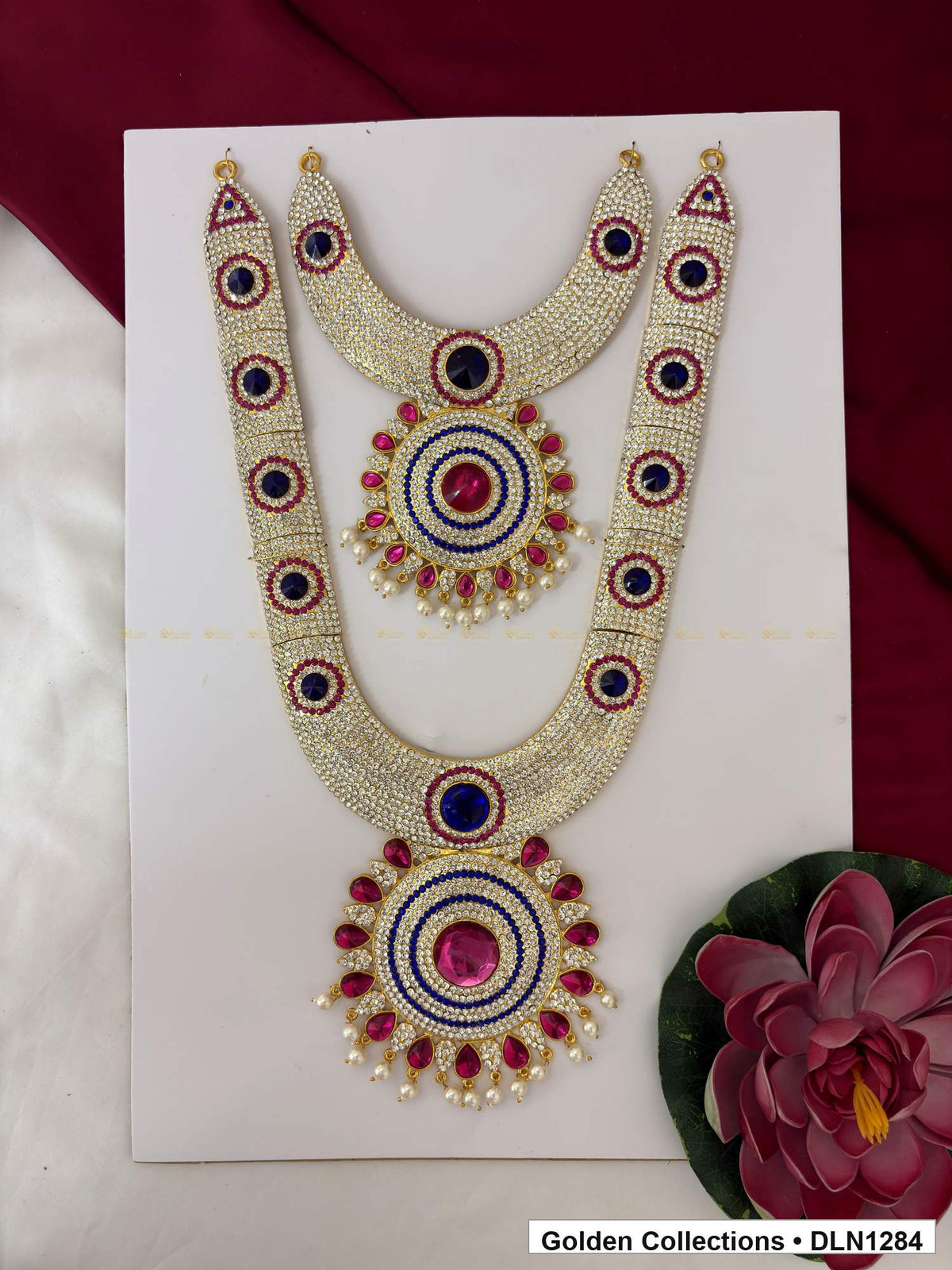 Navy Oval-Link Floral Medallion Deity Long Necklace for Idol Alankaram full product view for deity idol alankaram