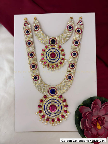Navy Oval-Link Floral Medallion Deity Long Necklace for Idol Alankaram full product view for deity idol alankaram