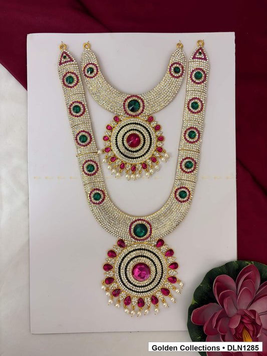Green Oval-Link Floral Medallion Deity Long Necklace for Idol Alankaram full product view for deity idol alankaram