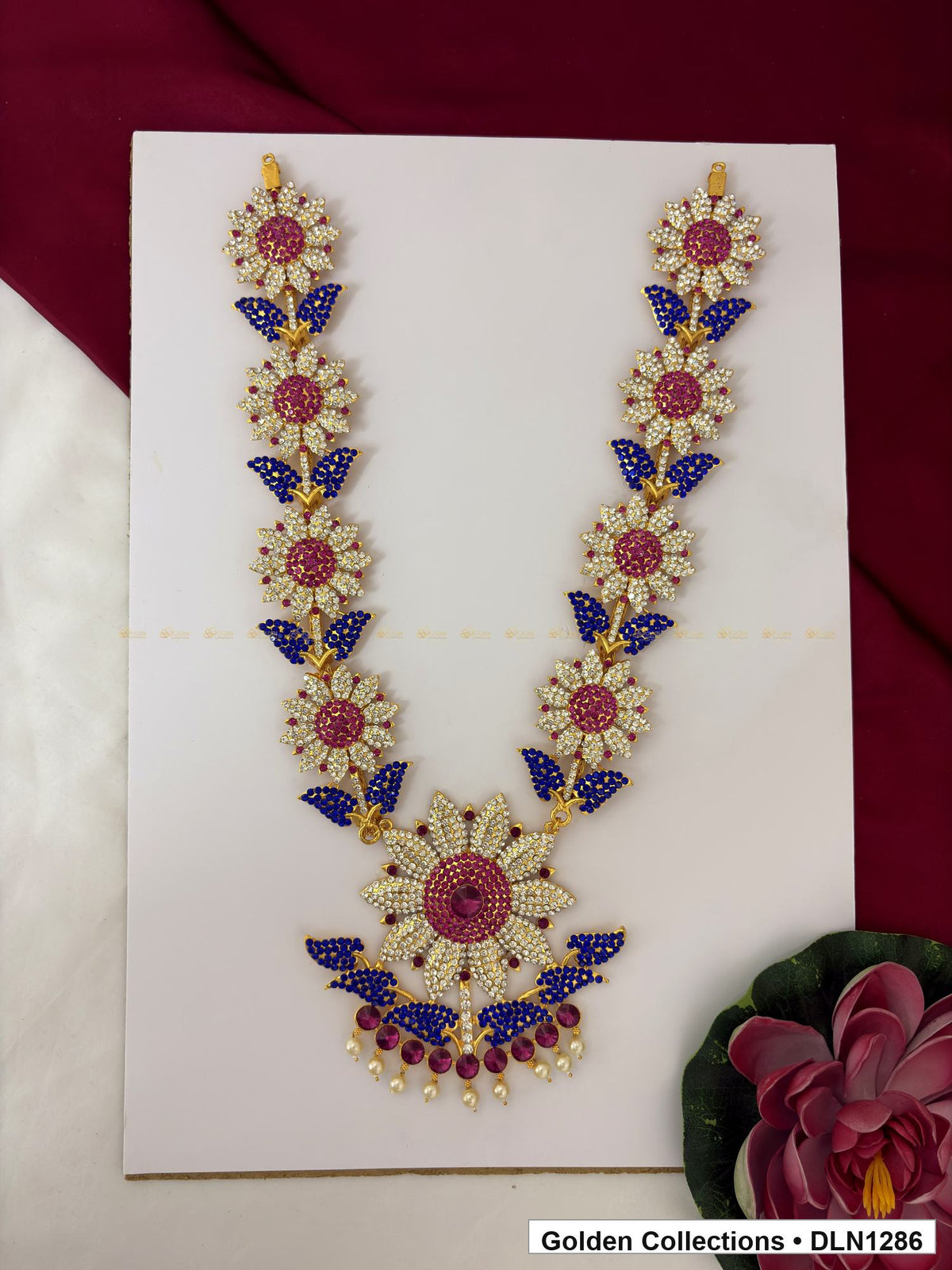 Blue Leaf Pink Flower Vine Deity Long Necklace for Idol Alankaram full product view for deity idol alankaram