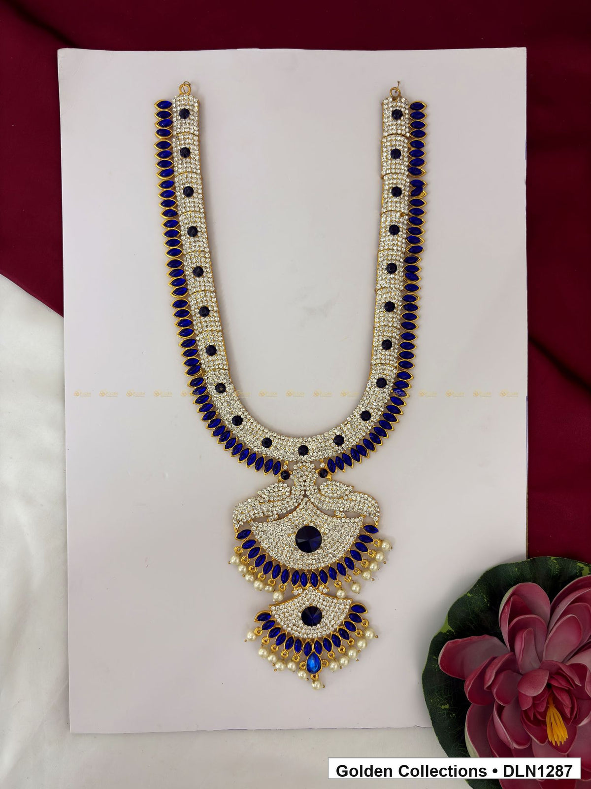 Navy Accented Triple-Fan Deity Long Necklace for Idol Alankaram full product view for deity idol alankaram