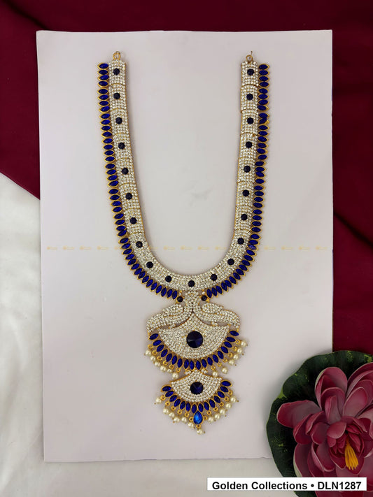 Navy Accented Triple-Fan Deity Long Necklace for Idol Alankaram full product view for deity idol alankaram
