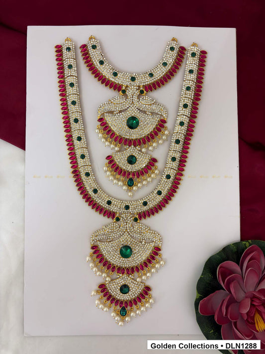 Red Green Graduated Fan Deity Long Necklace for Idol Alankaram full product view for deity idol alankaram