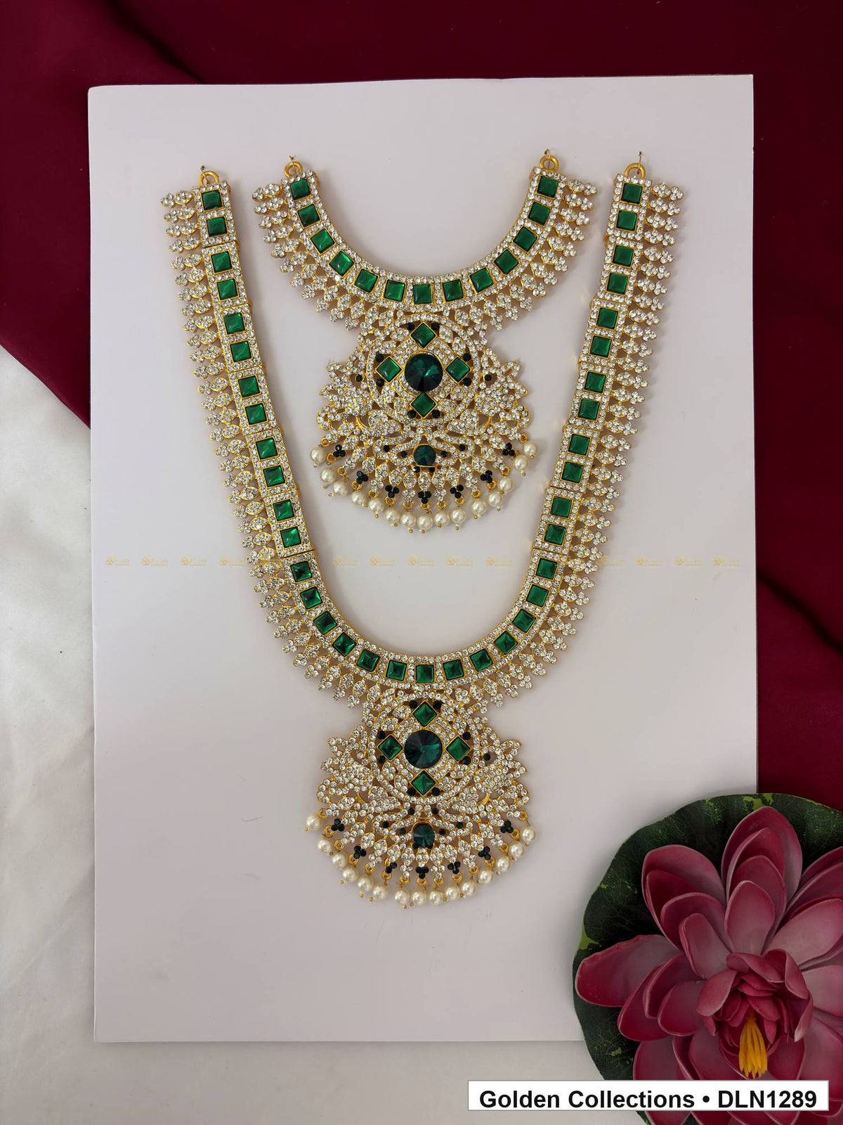 Green Double-Layer Floral Medallion Deity Long Necklace for Idol Alankaram full product view for deity idol alankaram