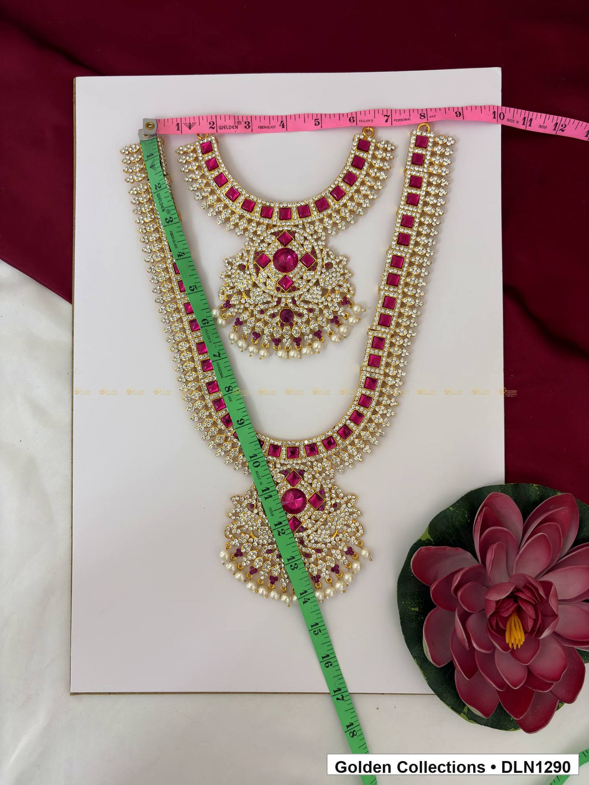 Alternate product view of Pink Double-Layer Floral Medallion Deity Long Necklace for Idol Alankaram for deity idol alankaram
