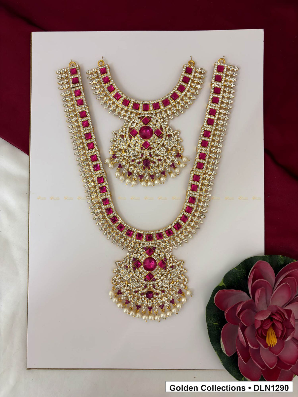 Pink Double-Layer Floral Medallion Deity Long Necklace for Idol Alankaram full product view for deity idol alankaram