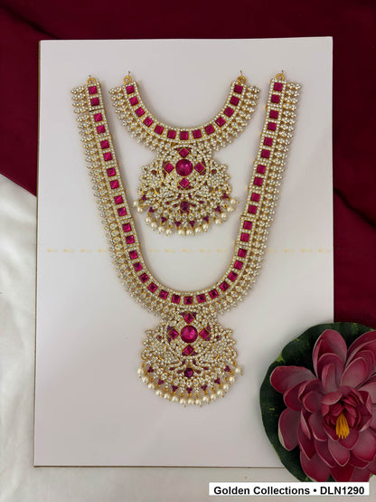 Pink Double-Layer Floral Medallion Deity Long Necklace for Idol Alankaram full product view for deity idol alankaram
