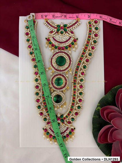 Alternate product view of Red Green Triple Round Medallion Deity Long Necklace for Idol Alankaram for deity idol alankaram
