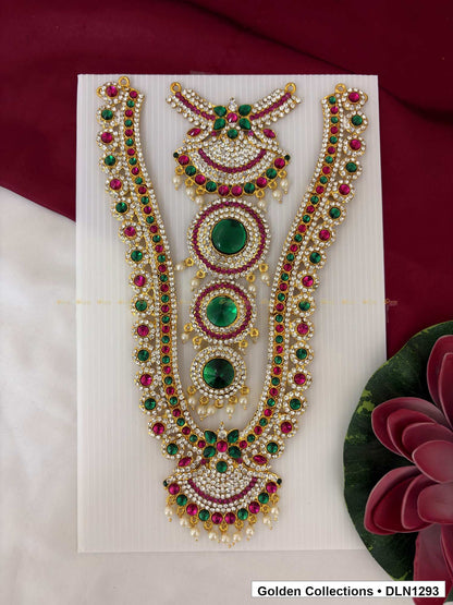 Red Green Triple Round Medallion Deity Long Necklace for Idol Alankaram full product view for deity idol alankaram
