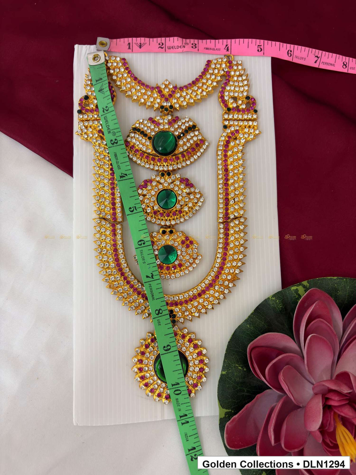Alternate product view of Green Triple Oval Medallion Deity Long Necklace for Idol Alankaram for deity idol alankaram