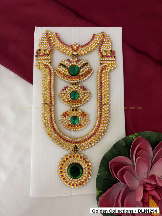 Green Triple Oval Medallion Deity Long Necklace for Idol Alankaram full product view for deity idol alankaram
