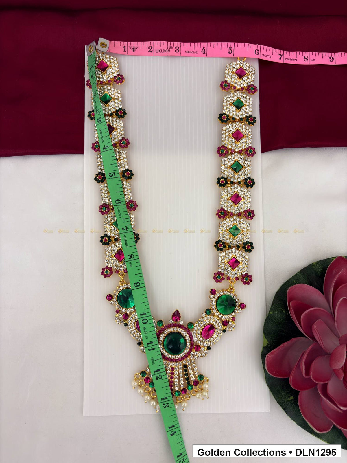 Alternate product view of Red Green Floral Link Fan Fringe Deity Long Necklace for Idol Alankaram for deity idol alankaram