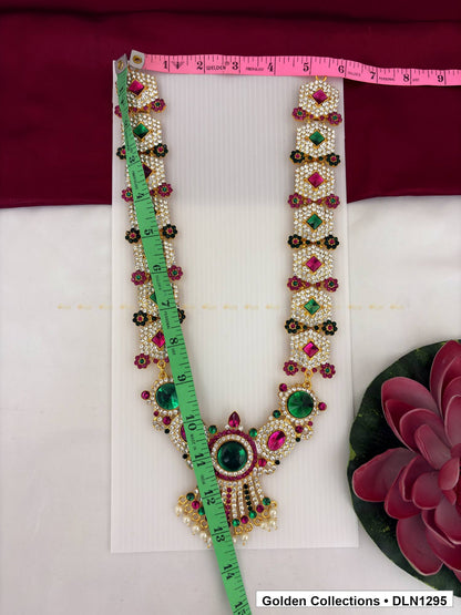 Alternate product view of Red Green Floral Link Fan Fringe Deity Long Necklace for Idol Alankaram for deity idol alankaram