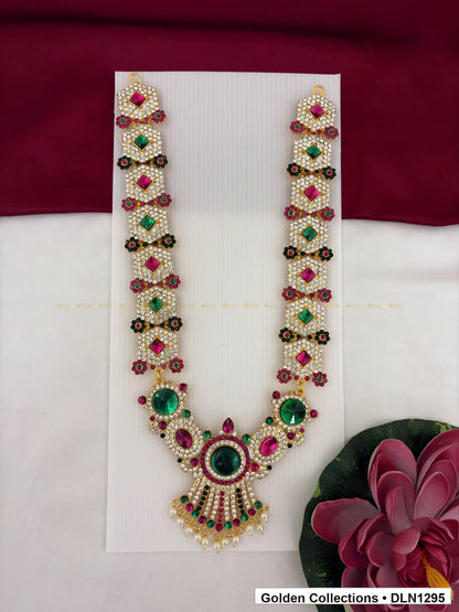 Red Green Floral Link Fan Fringe Deity Long Necklace for Idol Alankaram full product view for deity idol alankaram