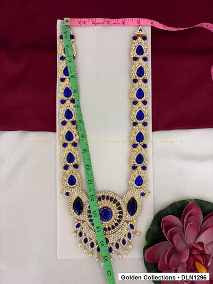 Alternate product view of Blue Teardrop Link Round Pendant Deity Long Necklace for Idol Alankaram for deity idol alankaram