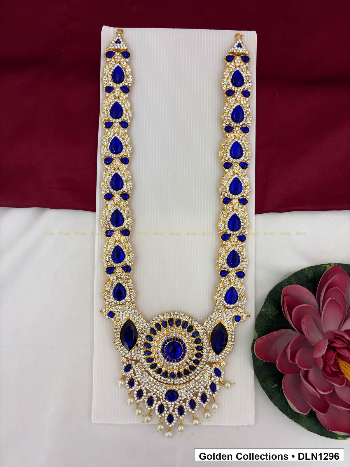 Blue Teardrop Link Round Pendant Deity Long Necklace for Idol Alankaram full product view for deity idol alankaram