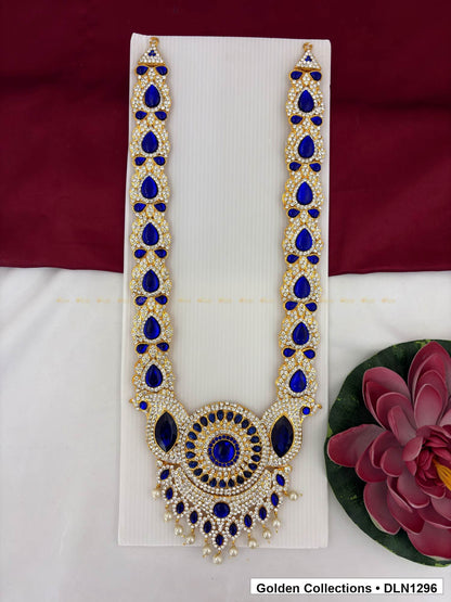 Blue Teardrop Link Round Pendant Deity Long Necklace for Idol Alankaram full product view for deity idol alankaram