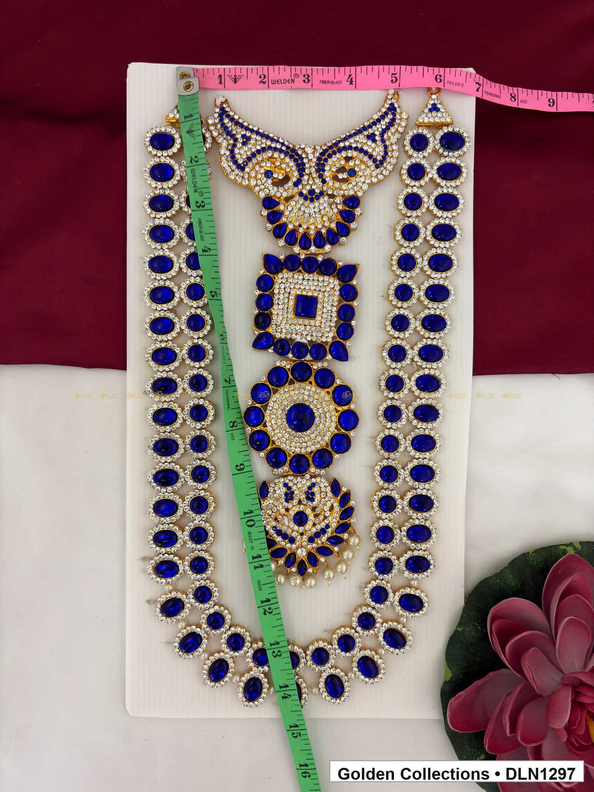 Alternate product view of Blue Double Strand Geometric Panel Deity Long Necklace for Idol Alankaram for deity idol alankaram