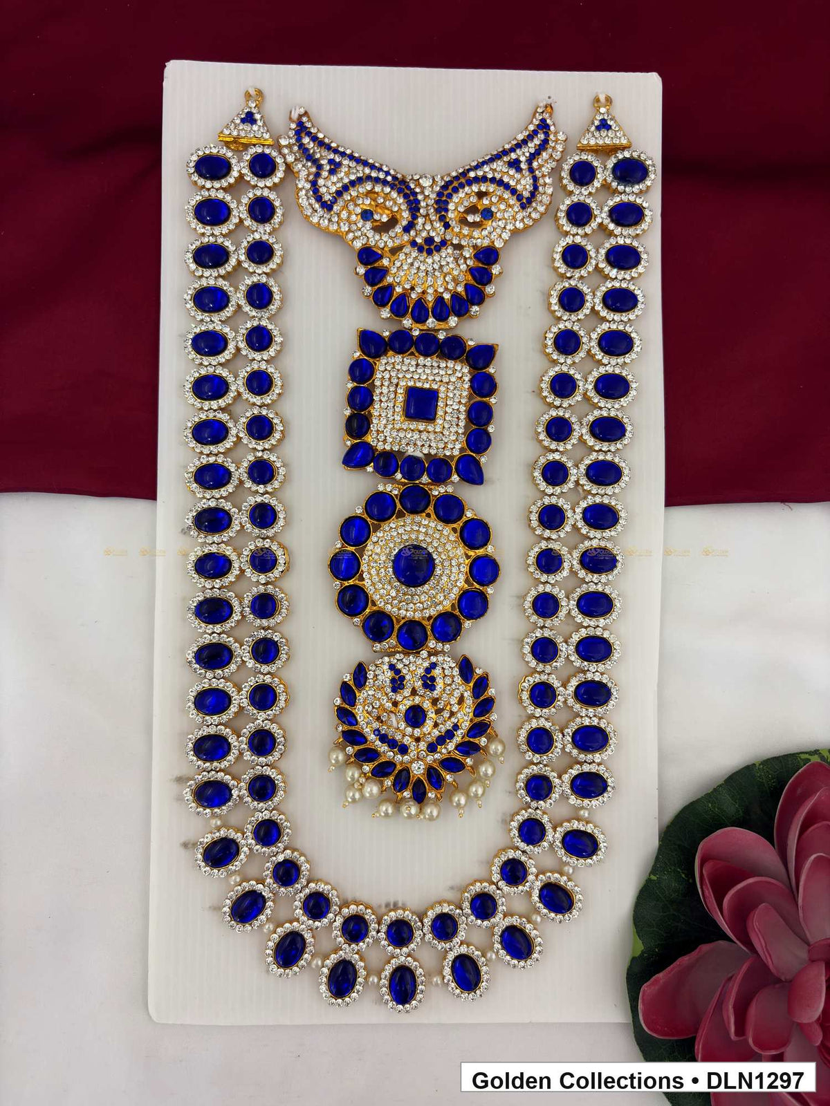 Blue Double Strand Geometric Panel Deity Long Necklace for Idol Alankaram full product view for deity idol alankaram