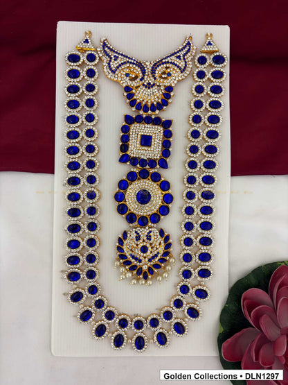 Blue Double Strand Geometric Panel Deity Long Necklace for Idol Alankaram full product view for deity idol alankaram