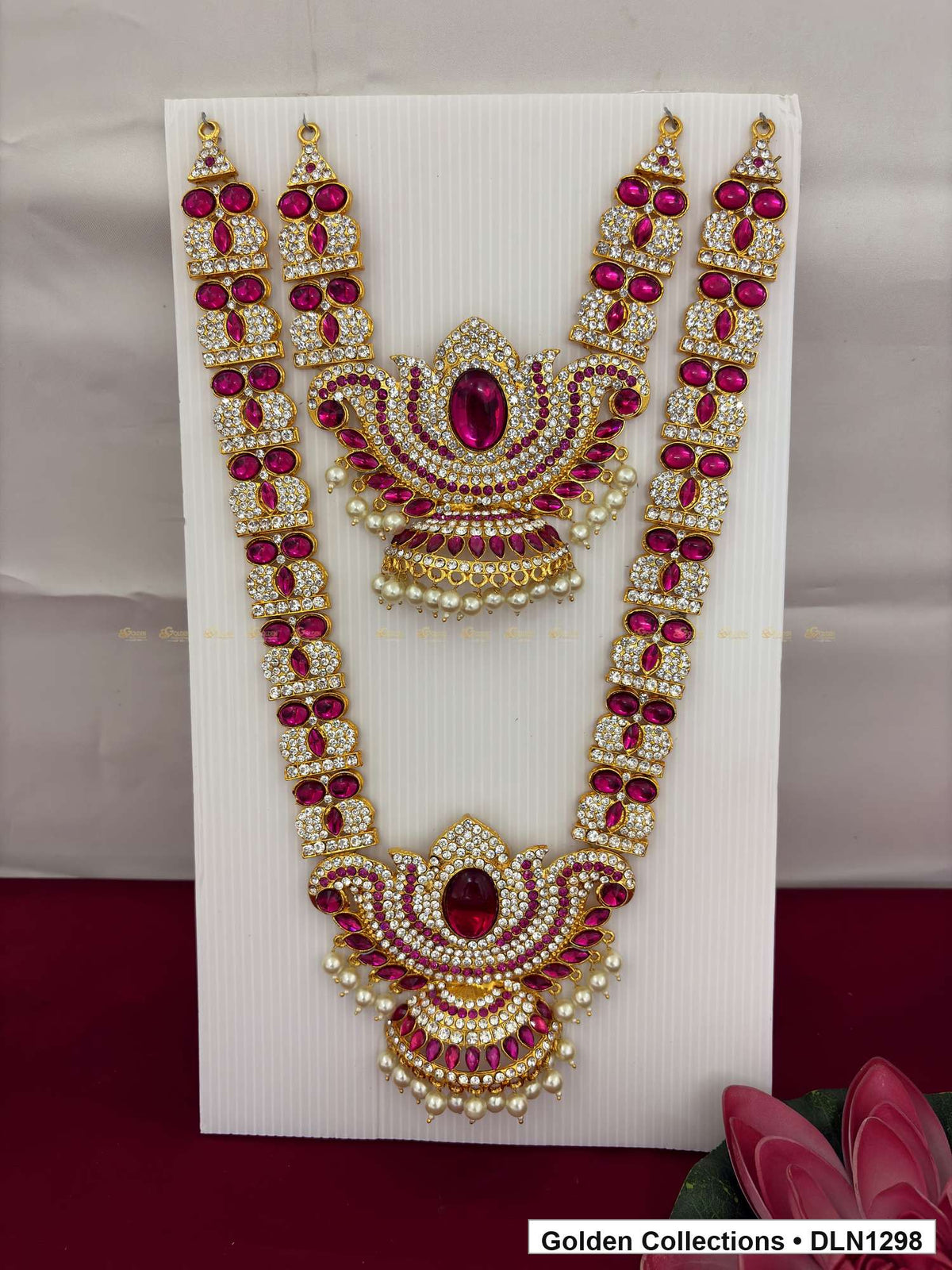 Red Double Crescent Fan Deity Long Necklace for Idol Alankaram full product view for deity idol alankaram