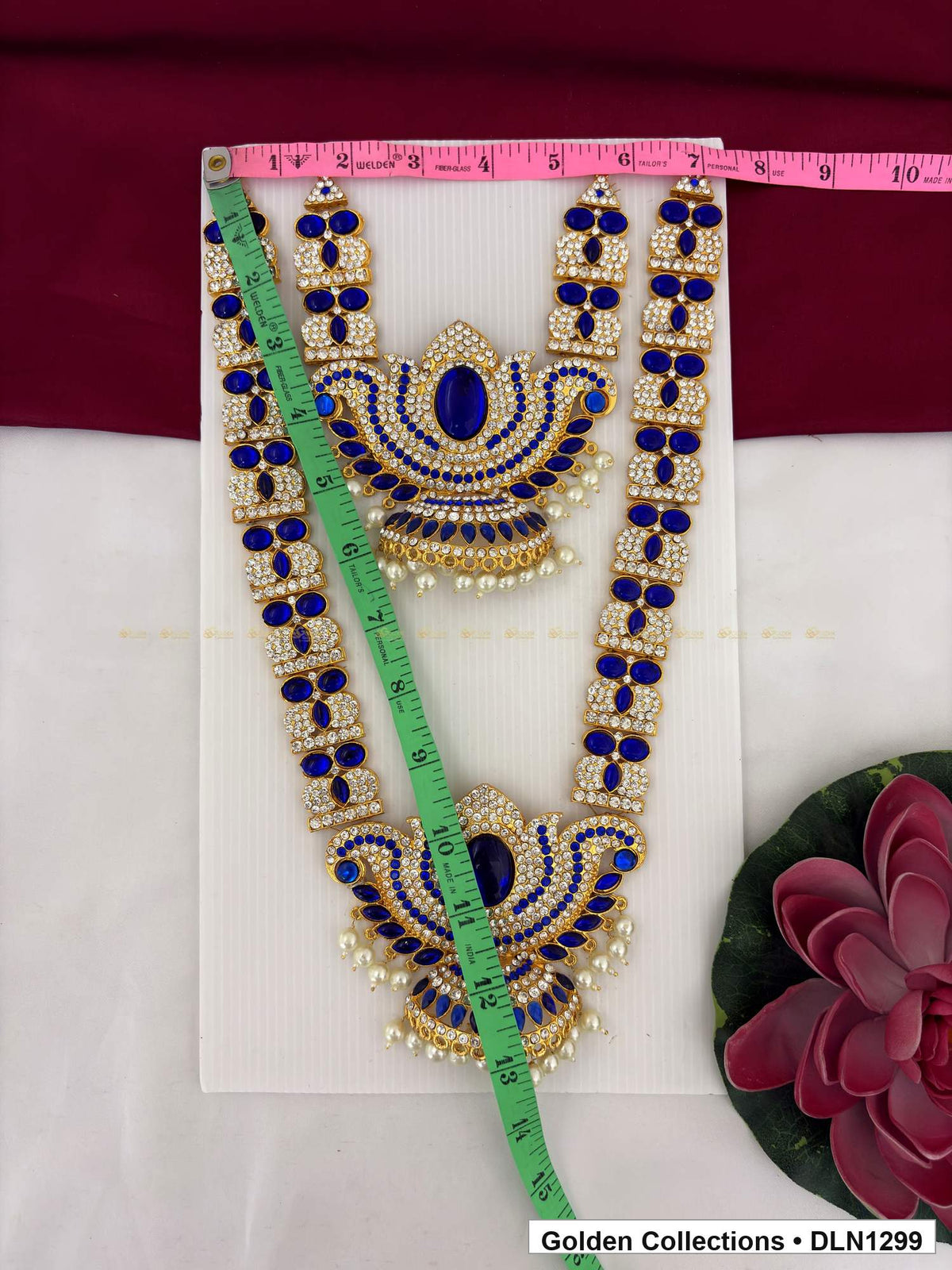 Alternate product view of Blue Double Crescent Fan Deity Long Necklace for Idol Alankaram for deity idol alankaram