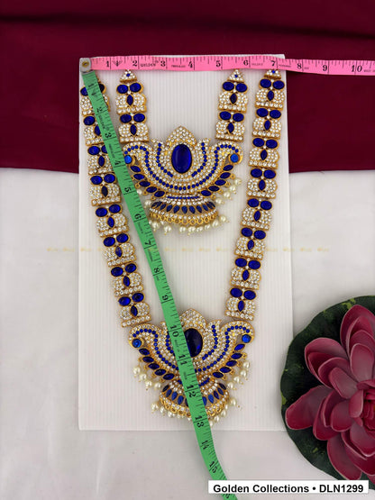 Alternate product view of Blue Double Crescent Fan Deity Long Necklace for Idol Alankaram for deity idol alankaram