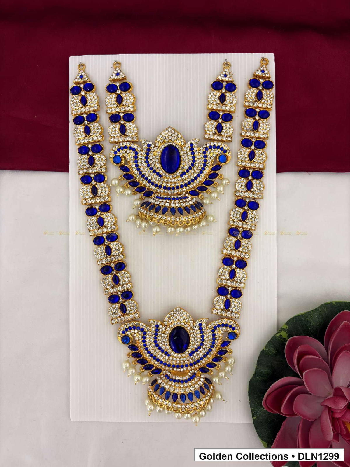 Blue Double Crescent Fan Deity Long Necklace for Idol Alankaram full product view for deity idol alankaram