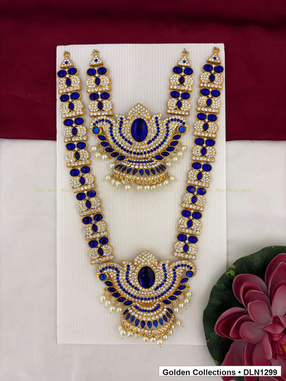 Blue Double Crescent Fan Deity Long Necklace for Idol Alankaram full product view for deity idol alankaram