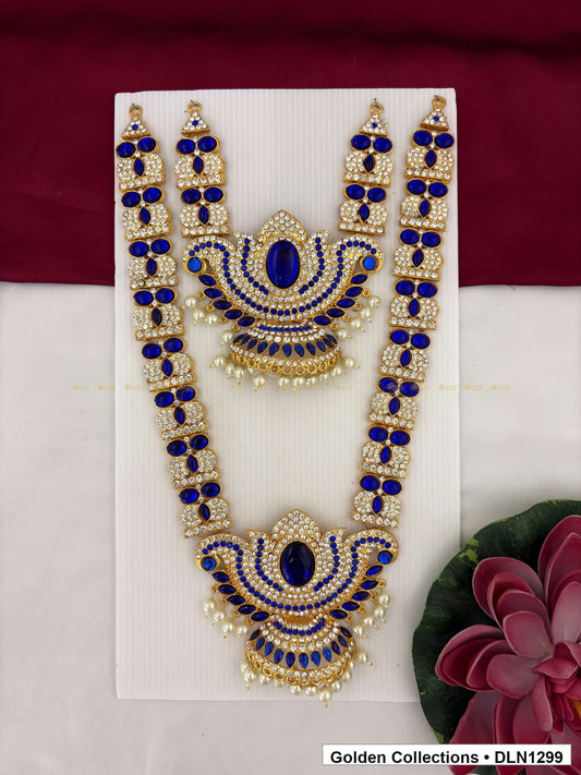 Blue Double Crescent Fan Deity Long Necklace for Idol Alankaram full product view for deity idol alankaram