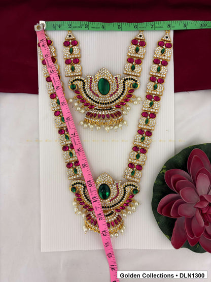 Alternate product view of Red Green Double Crescent Fan Deity Long Necklace for Idol Alankaram for deity idol alankaram