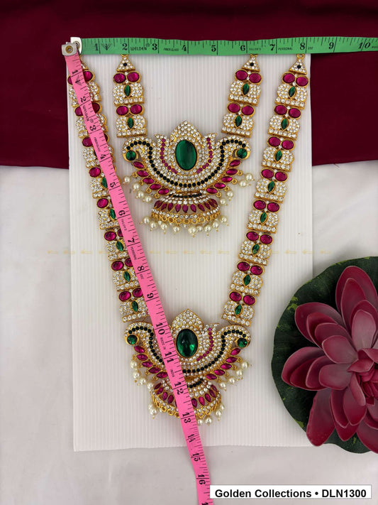 Alternate product view of Red Green Double Crescent Fan Deity Long Necklace for Idol Alankaram for deity idol alankaram