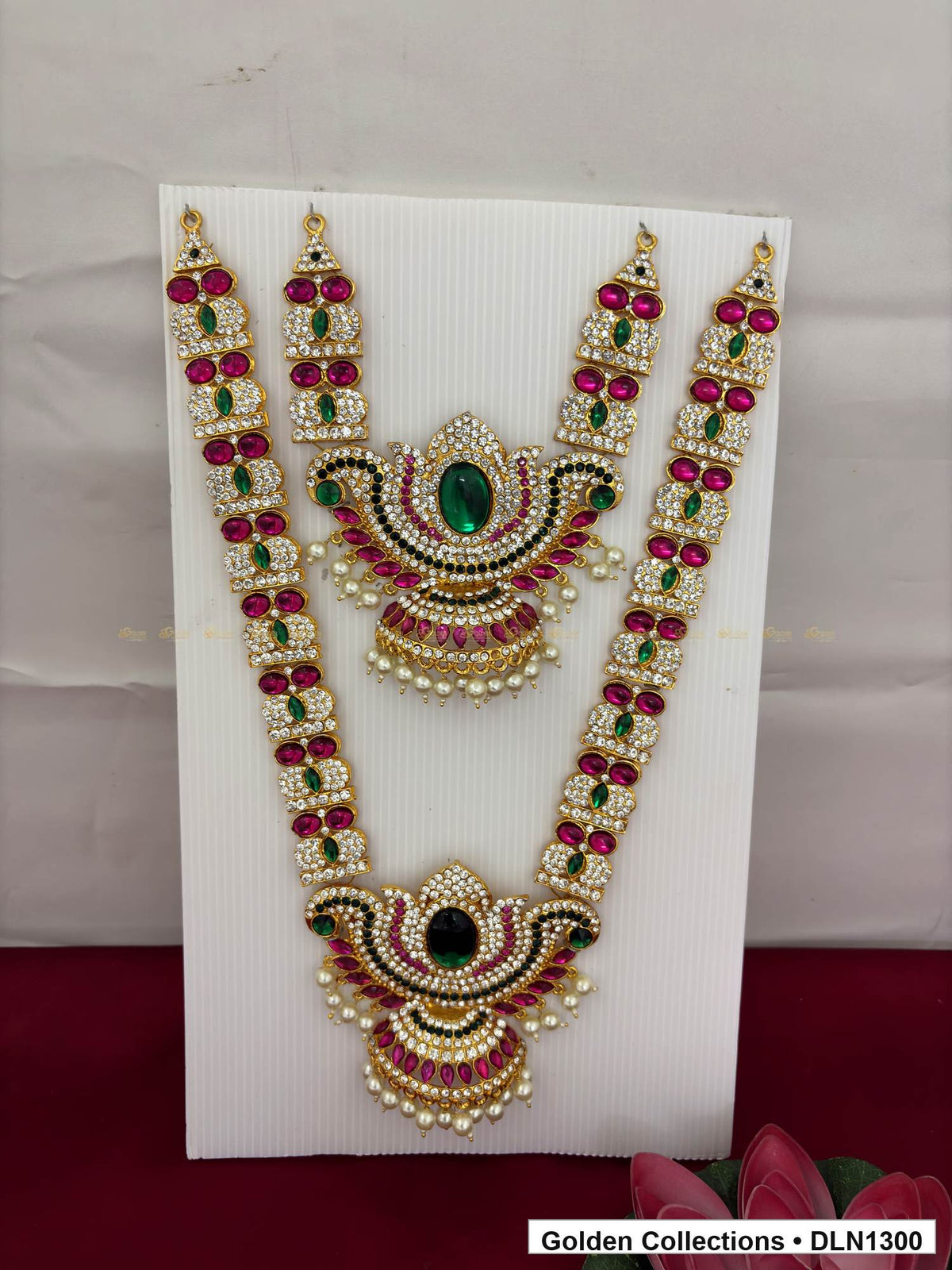 Red Green Double Crescent Fan Deity Long Necklace for Idol Alankaram full product view for deity idol alankaram