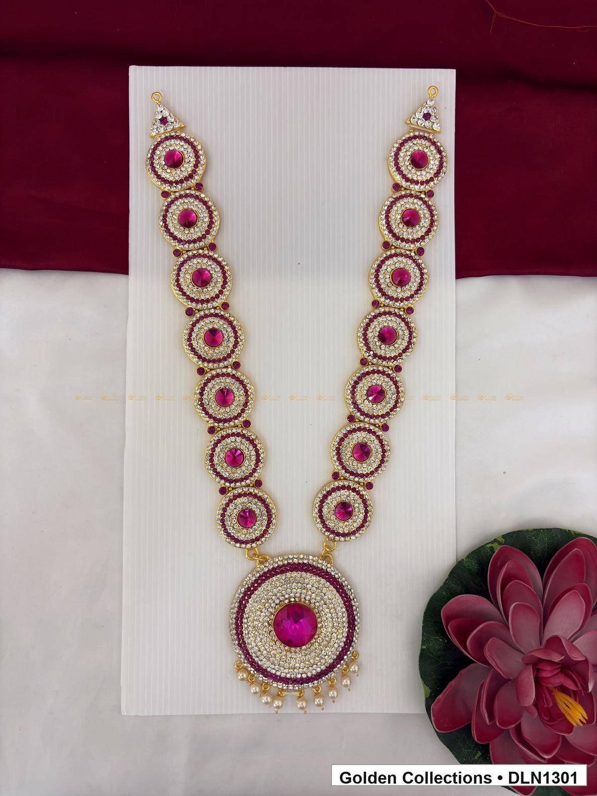 Pink Concentric Circle Pendant Deity Long Necklace for Idol Alankaram full product view for deity idol alankaram
