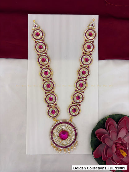 Pink Concentric Circle Pendant Deity Long Necklace for Idol Alankaram full product view for deity idol alankaram
